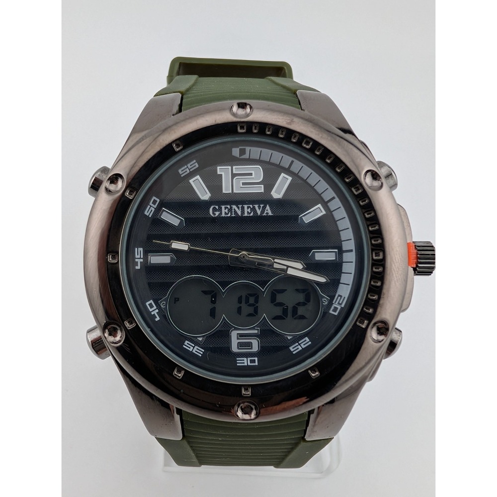 Geneva Watch Men 43mm Case Analog Digital Green Band-‎ New Battery